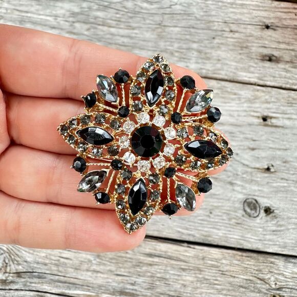 Black Rhinestone Flower Brooch Floral Pin - Picture 1 of 2